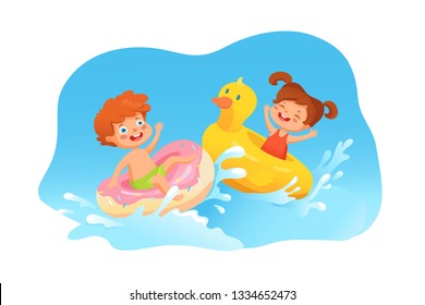 Kids swimming flat vector illustration. Summer vacation. Children playing at sea, river cartoon characters. Childhood entertainment, leisure. Little girl and boy with swimming ring. Water activities