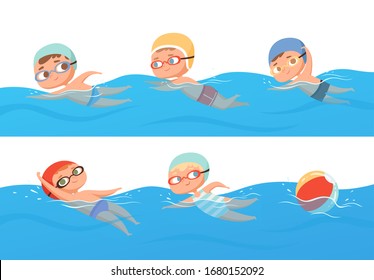 Kids swimming. Happy children water sport in pool summer swimming classes vector collection set