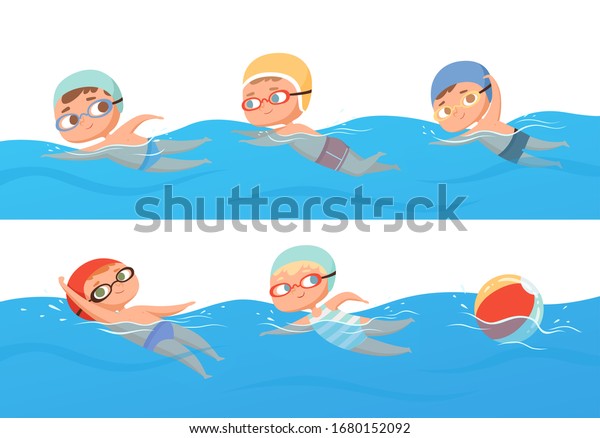 Kids Swimming Happy Children Water Sport In Pool Summer Swimming