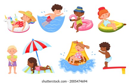 Niños nadando. Niño feliz aplicando protector solar, bajando por el tobogán de agua. Niños de caricatura en traje de baño en la playa, conjunto de vectores de vacaciones de verano. Flotando sobre anillos inflables, sobre la toalla