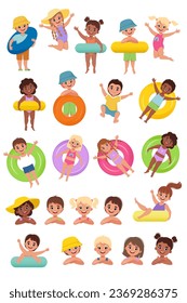 Kids swimming, jumping. Set of Happy Cheerful Children at Summer. Vector illustration in flat style