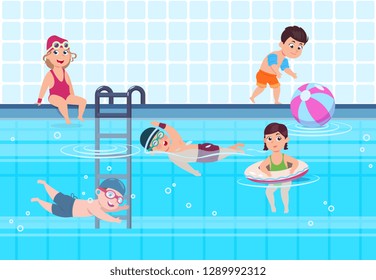 Kids in swimming pool. Boys and girls in swimwear play and swim in water. Happy childhood vector summer concept