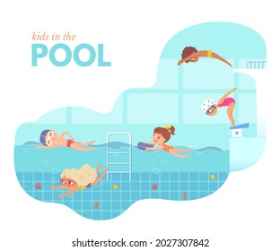 Kids in swimming pool. Children jumping into water vector illustration. Swimmers exercising in class. Little happy boys and girls underwater, diving, freestyle swimming in swimwear.