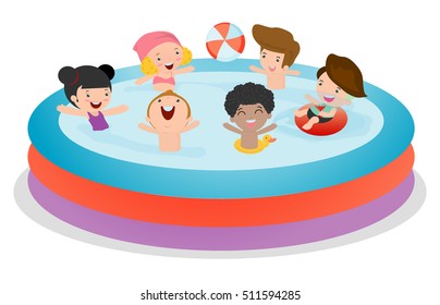 Kids In A Swimming Pool, Children For Summer Season. Kid Inflatable Pool, Child Swimming In The Pool, Vector Illustration