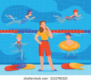 Kids Swimming Pool Class Composition Female Swim Coach Whistles At Children In The Pool Vector Illustration