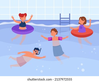 Kids Swimming In Pool Flat Vector Illustration. Boys And Girls In Swimwear Learning How To Swim. Happy Children Or Friends In Water. Boy In Snorkel Swimming Underwater. Fitness, Vacation Concept