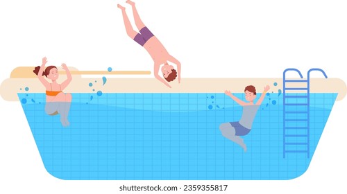 Kids swimming in pool. Happy boys and girl having fun isolated on white background