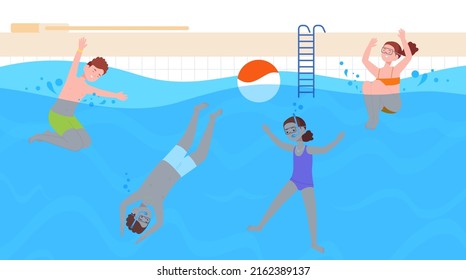 Kids swimming pool. Happy children in water goggles floating pool, cartoon youth swimmers lesson dive and swim splashing, baby play summer fun party, splendid vector illustration of swim pool leisure