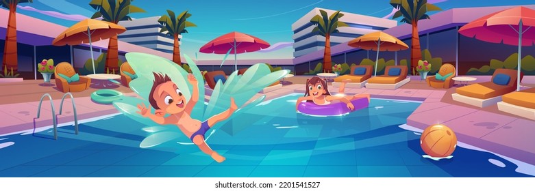 Niños en la piscina de la zona del hotel con salones de descanso. Salto de niño en el agua, niña nadando en un anillo inflable, niños al aire libre entretenimiento de verano, actividades en el resort Dibujo vectorial de la caricatura