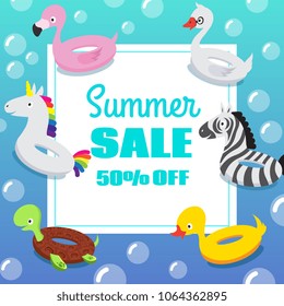 Kids Swimming Pool Party Invitation Poster With Inflatable Animal Rubber Swim Float Rings. Vector Summer Sale Background