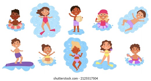 Kids swimming in pool or sea, summer children pool games. Multiethnic kids having fun in water vector illustration set. Children swimming and bathe. Boys and girls surfing, swimming in rubber ring