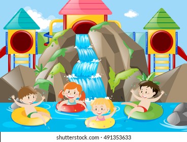 Kids swimming in the pool with waterfall illustration