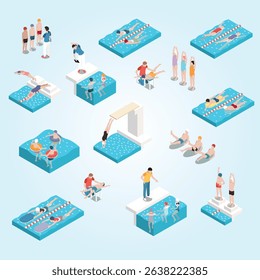 Kids swimming school isometric set of children doing preparation exercises diving workout backstroke swimming with rings and kickboard isolated vector illustration