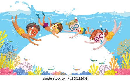 kids swimming snorkeling underwater. Children diving group swimming.