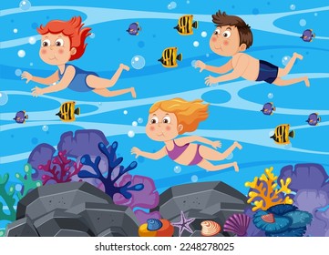 Kids swimming snorkeling underwater illustration