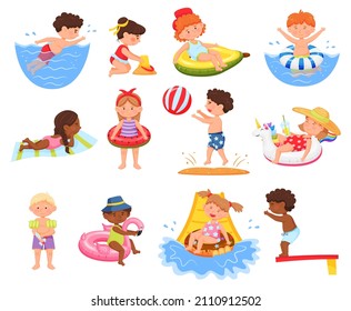 Kids swimming and spend time in pool, activity and leisure. Swimming outdoor on vacation, people leisure from sport illustration