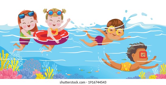 Kids Swimming Underwater In The Ocean. Children Play With A Group Of Friends In The Summer.