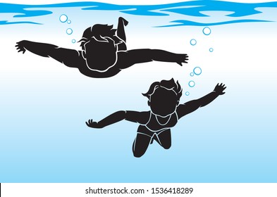 Kids Swimming Underwater, Silhouette Illustration