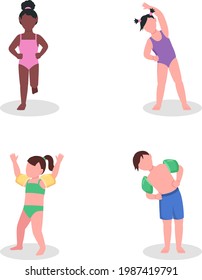 Kids in swimwear semi flat color vector character set. Child figure. Full body people on white. Water sport isolated modern cartoon style illustration for graphic design and animation collection