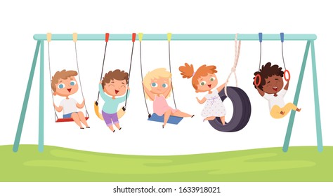 Kids swing. Children funny games rides on car tears rope fitness activities vector characters