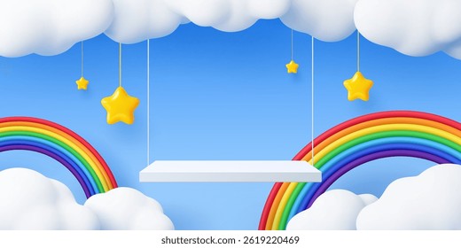 Kids swing podium stage with sky clouds and rainbow. 3d vector magical children background with hanging swing, clouds and golden stars in a dreamy sky, for presentations and playful product displays