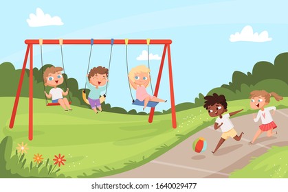 Kids swing rides. Outdoor happy walking and playing childrens nature camp vector cartoon background