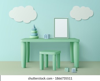 Mesa para niños con afiche, silla, cubos de juguete, pirámide y decoración de nubes en la pared. Interior de sala de juegos infantil con muebles de madera y material para juegos y estudio, ilustración vectorial 3d realista