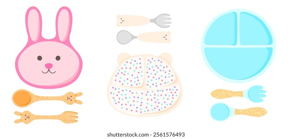 Kids tableware, baby cutlery vector set of illustrations. Dishware for children, utensils