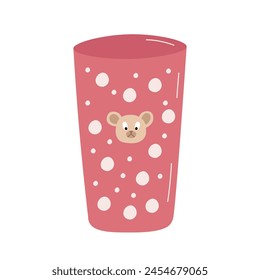 Kids tableware with bear head. Childrens pink polka cup glass and bear head on white background. Vector flat illustration