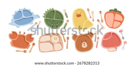 Kids tableware set. Baby utensils, silicone plates for food, forks, spoons. Kitchen dish, animal shape, cutlery, dishware for children feeding. Flat vector illustrations isolated on white background