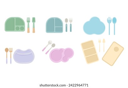 Juego de vajilla para niños. Cajas de bento infantil con colección de cubiertos. Platos vacíos de silicona con cuchara y tenedor. Ilustración plana vectorial.