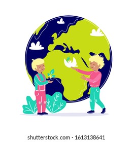 Kids take care about Earth. Children protect planet. Ecology environment attention concept with child and globe. Vector illustration flat cartoon style.
