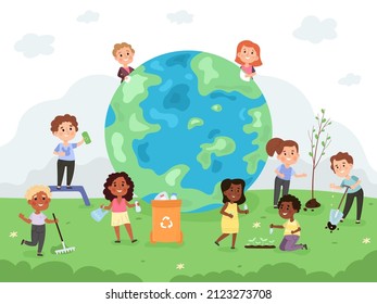 Kids take care of earth, day, environment protection kindergarten activity. Children help to protect the world vector illustration set. Kids saving earth from waste, sorting rubbish and planting trees