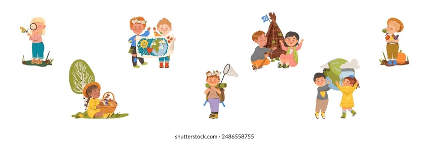 Kids Take Care of Planet Earth and Clean Environment Vector Set