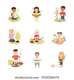 Kids Taking Care of Nature Set, Children Collecting and Sorting Garbage, Planting Tree Saplings, Save the World, Ecology Concept Cartoon Vector Illustration