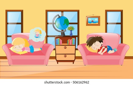 Kids taking nap on sofa illustration