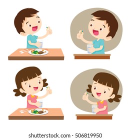 kids taking pills with glass of water.children taking a medicine vector illustration.Cute boy and Girl taking pills with glass of water before meal.