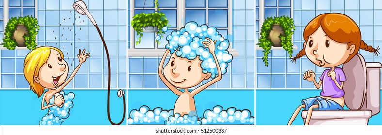 Kids taking shower in the bathroom illustration