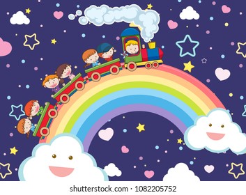 Kids Taking a Train over the Rainbow illustration