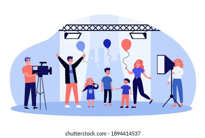 Kids talent show on TV. Singing children, camera crew, cameraman in studio. Flat vector illustration. Entertainment, broadcasting concept for banner, website design or landing web page