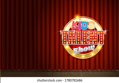 Kids Talent Show Scene, Vector Illustration. Realistic Theatrical Stage, Sign With Glowing Light Bulbs On Red Velvet Curtain. Children Talent Show Tv Program.