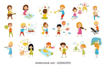 Kids Talents with Smiling Boy and Girl Drawing and Playing Musical Instruments Vector Big Set