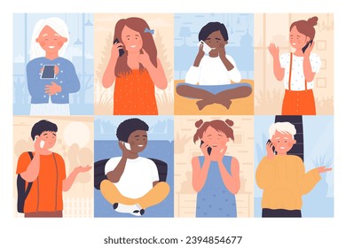 Kids talk phones set vector illustration. Cartoon little boy and girl call on telephone for positive conversation with friends or family, happy cute child holding cellphone in hands or ear and talking