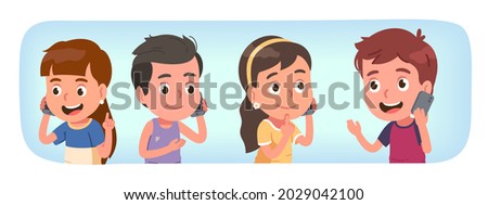 Kids talking on phone. Children talk on cell. Smiling girl, boy calling holding smartphone. Happy people taking call, gesturing, listening communication conversation flat vector character illustration
