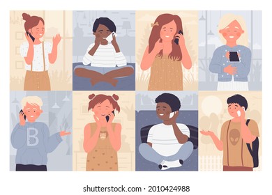 Kinder sprechen Telefon, mobile Fernkommunikation mit positiven Emotionen Vektorgrafik Set. Cartoon Junge Mädchen-Charakter mit Smartphone, Kinder sprechen mit Freunden oder Familie Hintergrund