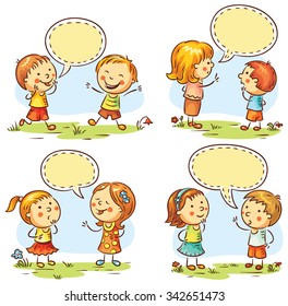 Kids talking and showing different emotions, colorful set of four scenes with speech bubbles