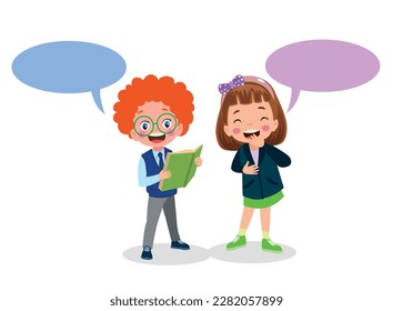 Niños hablando con una burbuja de habla.