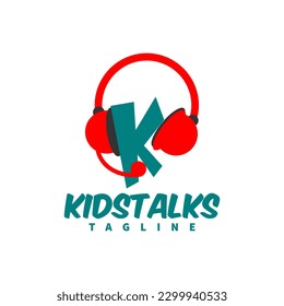 kids talks logo template with headphone and mic