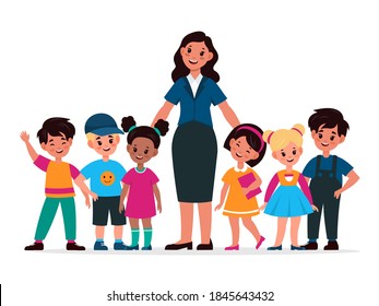 Kids with teacher. Children group and tutor standing and smiling together. Woman pedagogue with happy students, teachers day and primary or elementary education isolated cartoon vector concept