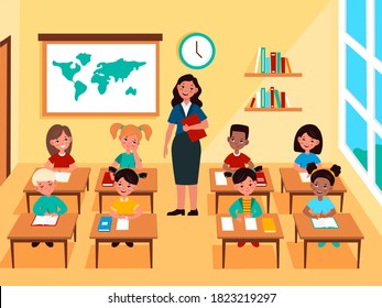 Kids with teacher in classroom. Multinational students at school class interior, pedagogue teaches lesson, children study subject. Primary or elementary education vector flat cartoon concept